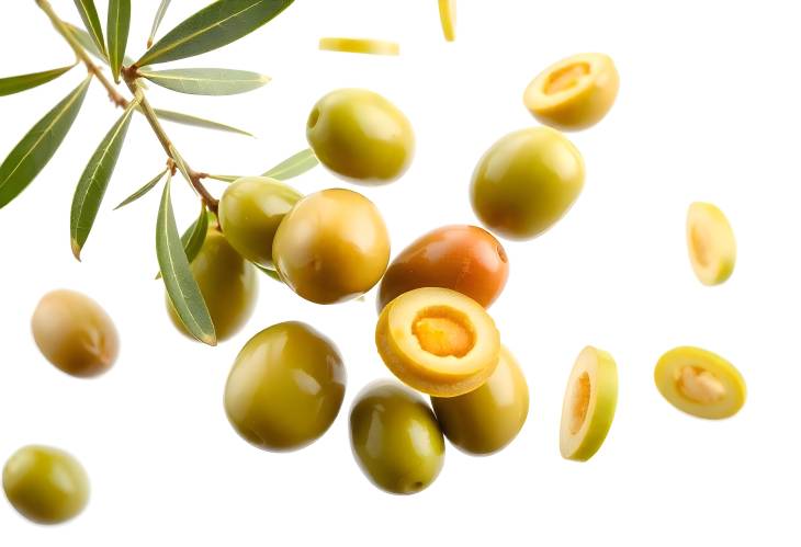 Isolated Flying Green Olives CloseUp